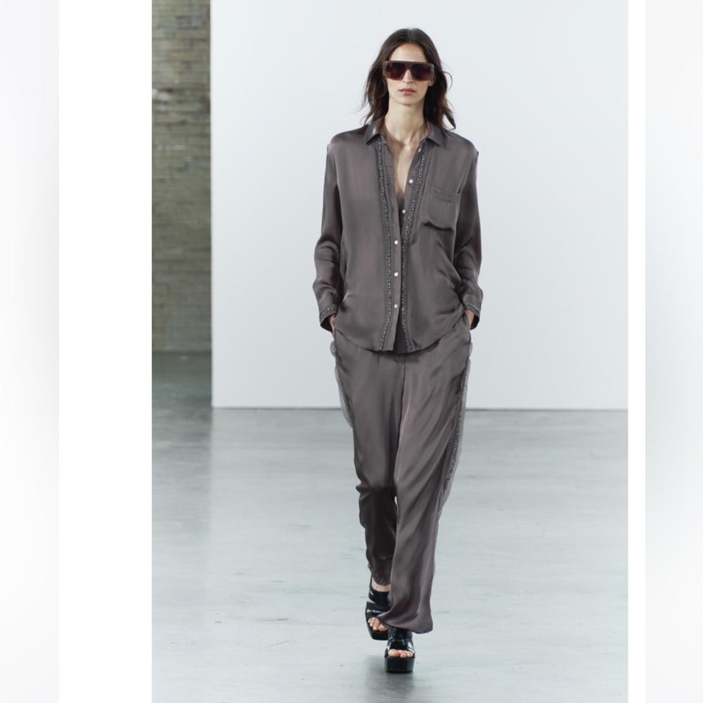 NEW! EMBROIDERED SATIN EFFECT PANTS (S) +Shirt (XS) ZW COLLECTION